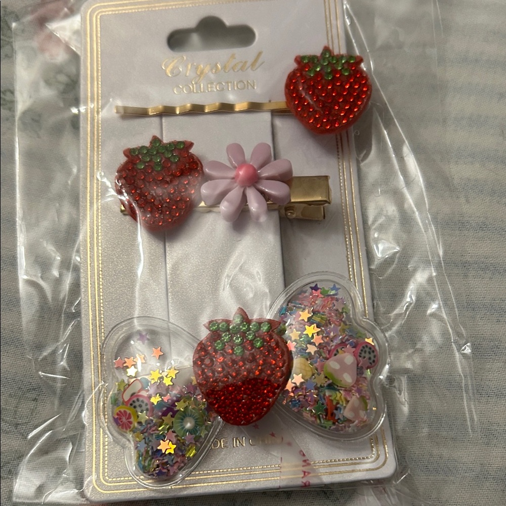 Strawberry and Flower Hair Clip Set - Red and Pink